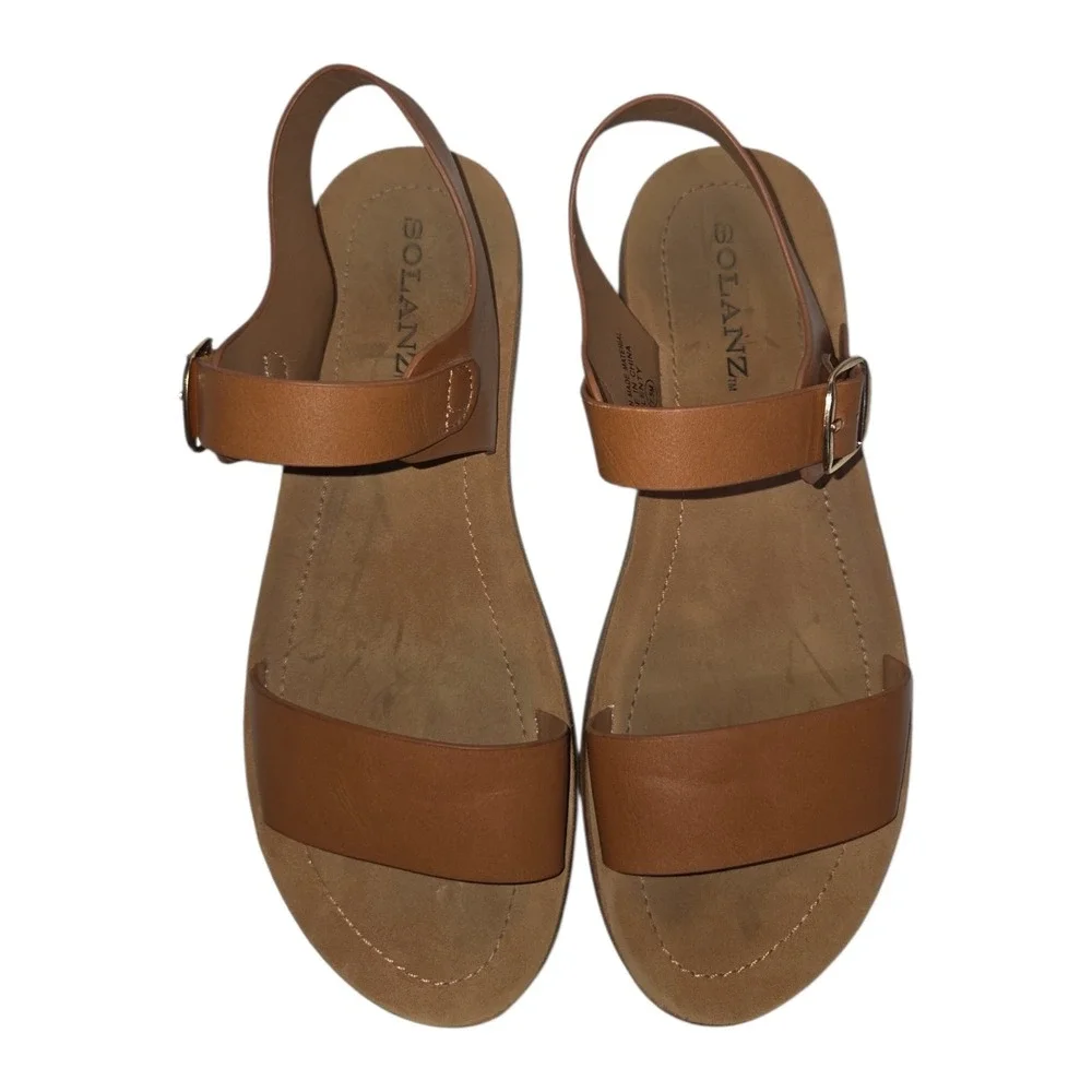Solanz Plenty Womens‎ Tan Brown Ankle Strap Flat Sandals Size 7.5M